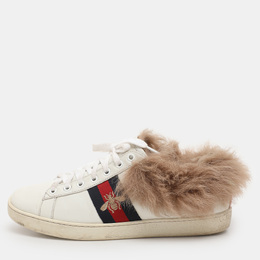 Gucci White Leather Fur Lined Ace Low Top Sneakers Size 38 1119698