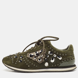 Tory Burch Green Suede Scarlett Crystal Embellished Sneakers Size 38.5 1119845