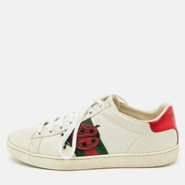 Gucci White/Red Leather and Snake Embossed Leather Ace Pineapple Sneakers Size 36 1120652