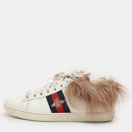 Gucci White Leather Fur Lined Bee Embroidered Web Ace Low Top Sneakers Size 37.5 1122093