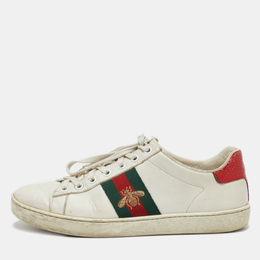Gucci White Leather Bee Embroidered Ace Web Low Top Sneakers Size 37 1129589