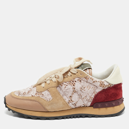 Valentino Pink/Beige Leather and Suede Camouflage Rockrunner Low Top Sneakers Size 37 1133561