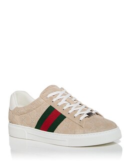 Gucci Мужские низкие замшевые низкие кеды Ace GG с тиснением, коричневый/бежевый 5140716 | white/green