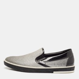 Jimmy Choo Black/Silver Patent Leather and Glitter Slip On Sneakers Size 44 1135616
