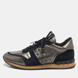 Valentino Black/Metallic Leather and Suede Rockrunner Sneakers Size 42 1146190