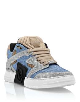 Кроссовки из микса кожи Lo-Top со стразами Philipp Plein, бежевый/голубой 7919888236604 | beige/lightblue