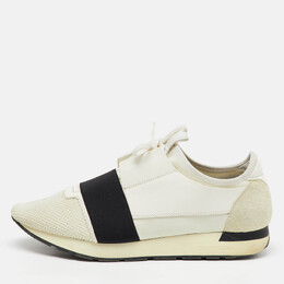 Balenciaga White/Black Leather, Neoprene and Mesh Race Runner Sneakers Size 44 1146620