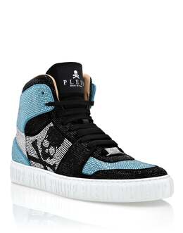 ВЫСОКИЕ КРОССОВКИ NOTORIOUS CRYSTAL SKULL с кристаллами Philipp Plein, цвет crystal+light blue 7806958862396 | crystal+light blue