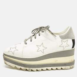 Stella McCartney White/Grey Faux Leather and Suede Elyse Star Studded Platform Sneakers Size 39 1152345