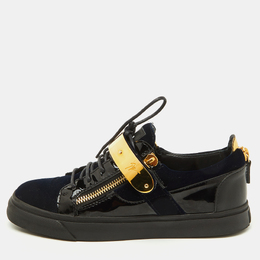 Giuseppe Zanotti Navy Blue/Black Velvet and Patent Leather Double Zip Low Sneakers Size 41 1152742