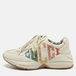 Gucci Cream Leather Glitter Logo Rhyton Sneakers Size 37.5 1163248
