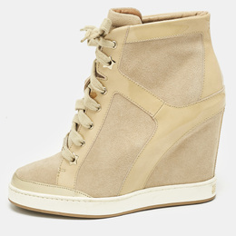 Jimmy Choo Beige Suede and Patent Leather Panama Wedge Sneakers Size 37.5 1163293
