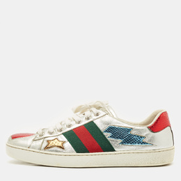 Gucci Silver Leather and Python Embossed Leather Ace Lace Up Sneakers Size 39.5 1165135