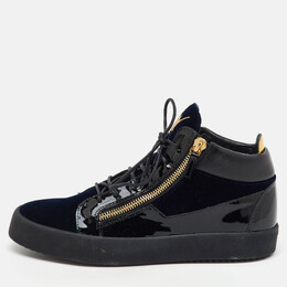 Giuseppe Zanotti Blue/Black Velvet and Patent Frankie High Top Sneakers Size 45 1165525