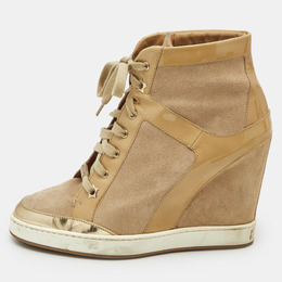 Jimmy Choo Beige Suede and Patent Leather Panama Wedge Sneakers Size 39 1170891