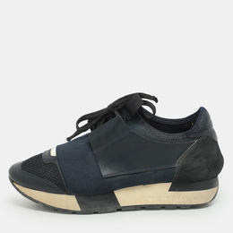 Balenciaga Navy Blue Leather and Mesh Race Runner Low Top Sneakers Size 35 1171448