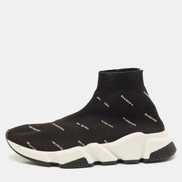 Balenciaga Black/White Knit Fabric Allover Logo Speed Trainer Sneakers Size 37 1171798