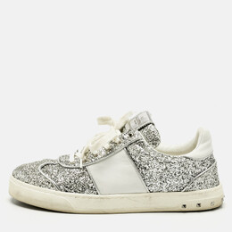 Valentino Silver Glitter and Leather Fly Crew Low Top Sneakers Size 41 1173253