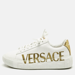 Versace White/Gold Leather La Greca Lace Up Sneakers Size 38 1173299