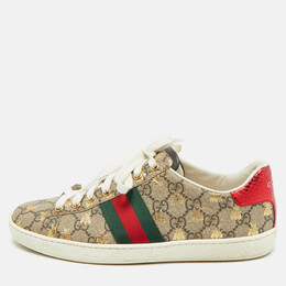 Gucci Brown Canvas And Embossed Python Leather Ace Web Sneakers Size 38 1173775