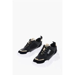 Кроссовки JEANS COUTURE из кожи SPEEDTRACK с золотистой отделкой Versace, Black and White 0017352915 | black and white