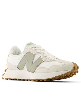 Кроссовки New Balance 327 белого и бежевого цвета со светло-зелеными деталями 138494338 | white