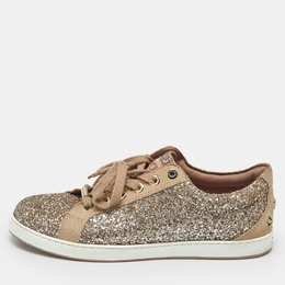 Jimmy Choo Metallic Beige Glitter and Suede Low Top Sneakers Size 39.5 1179197