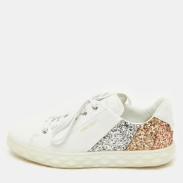 Jimmy Choo White Leather and Glitter Detail Diamond Low Top Sneakers Size 37 1191937