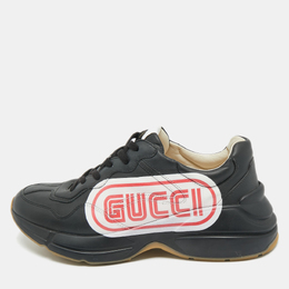 Gucci Black Leather Rhyton Logo Low Top Sneakers Size 43 1194239