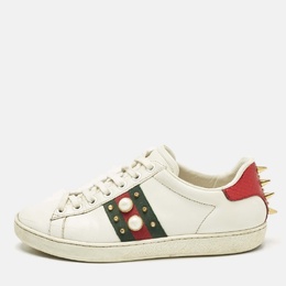 Gucci White Leather Web Detail New Ace Faux Pearl Embellished Low Top Sneakers Size 36 1193975