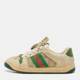 Gucci Beige/Brown Nubuck Leather and GG Canvas Screener Sneakers Size 39.5 1195726