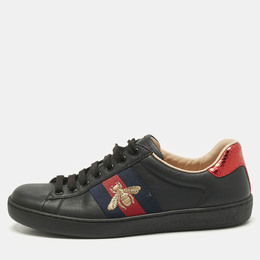Gucci Black Leather and Snakeskin Embossed Leather Ace Lace Up Sneakers Size 38.5 1193986