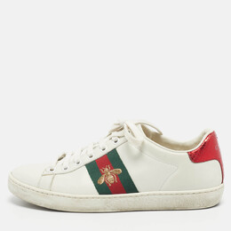 Gucci White Leather and Snakeskin Embossed Ace Lace Up Sneakers Size 35.5 1198244