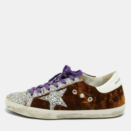 Golden Goose Brown/Silver Velvet and Glitter Superstar Low Top Sneakers Size 38 1148887