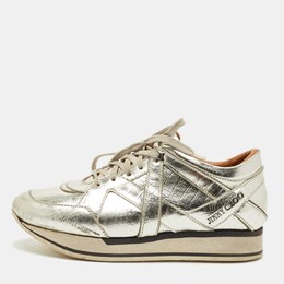 Jimmy Choo Gold Croc Embossed Leather Miami Lace Up Sneakers Size 37.5 1199727