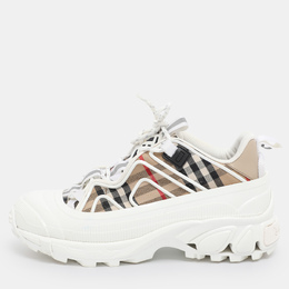 Burberry White/Beige Check Fabric and Rubber Arthur Low Top Sneakers Size 39 1201084