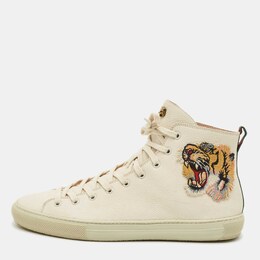 Gucci Cream Leather Tiger Embroidered High Top Sneakers Size 43.5 1199758