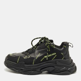 Balenciaga Black Faux Leather Allover Logo Triple S Sneakers Size 43 1202324