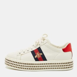 Gucci White Leather Embroidered Bee Crystal Embellished Platform New Ace Sneakers Size 38 1203422
