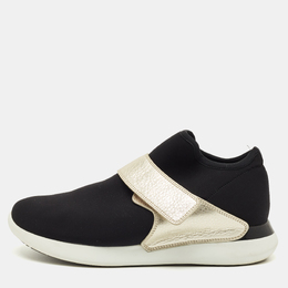 Salvatore Ferragamo Black/Gold Stretch Fabric and Leather Slip On Sneakers Size 41 1205082
