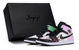 Jordan Женские баскетбольные кроссовки Air 1 Mid с нескользящей подошвой, винтажные, черные, белые, розовые, зеленые 554725-077(teamr-女款梅香四溢s-box) | black white pink green