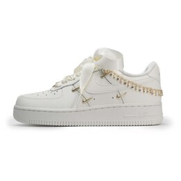 Nike Женские кроссовки для скейтбординга Air Force 1, износостойкие, увеличивающие рост, с низким верхом, белое золото fv3654-111（team448-链条空军） | white gold