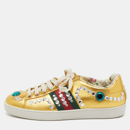 Gucci Metallic Gold Leather Crystal Web Low Top Sneakers Size 35 1207915