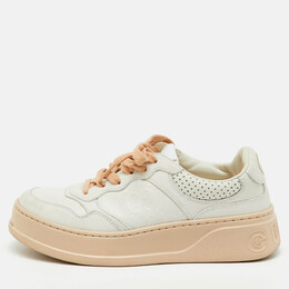 Gucci White/Beige Jumbo GG Embossed Leather Low Top Sneakers Size 37 1208674