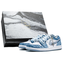 Jordan Баскетбольные кроссовки Air 1 Tide Box в комплекте, нескользящие, износостойкие, низкие, винтажные, унисекс, синие dc0774-105(team335-潮汐礼盒) | blue (marble box)