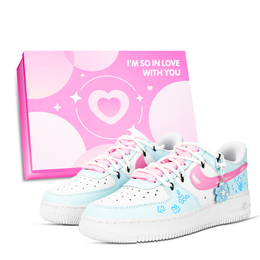 Nike Кроссовки Air Force 1 Flower Painted Leaf Language с низким верхом, устойчивые к истиранию, унисекс, синие, розовые, белые dd8959-100（team971-花绘叶语鞋盒） | blue pink white