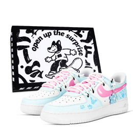 Nike Кроссовки Air Force 1 Flower Painted Leaf Language с низким верхом, устойчивые к истиранию, унисекс, синие, розовые, белые dd8959-100（team971-花绘叶语黑鞋盒） | blue pink white