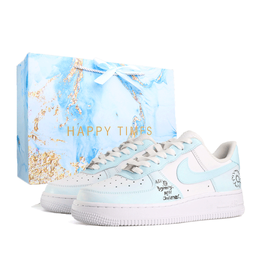 Nike Кроссовки Air Force 1 Air Force 1, маленькие, с сумкой для покупок, износостойкие, низкие, для скейтбординга, унисекс, белые, синие dd8959-100（team1093-小雏菊box） | white blue (shopping bag)