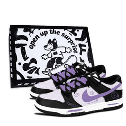 Nike Кроссовки для скейтбординга Dunk, черно-белые, с рисунком милой свинки, фиолетовые, износостойкие, унисекс, низкие, фиолетовые dd1391-100（team883-萌猪紫绘黑鞋盒） | purple