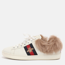 Gucci White Leather Fur Lined Ace Low Top Sneakers Size 38 1211809